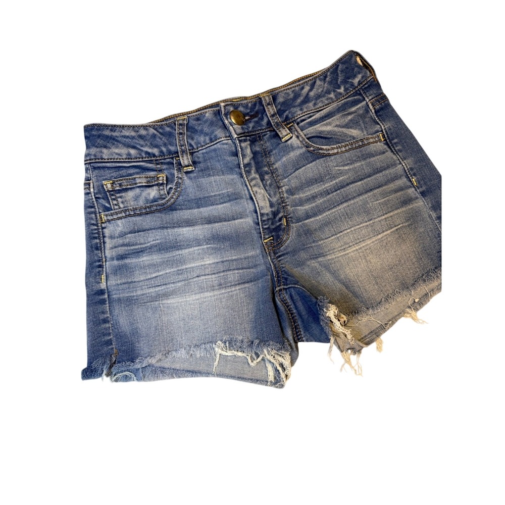 American Eagle Outfitters HiRise Shortie Denim Shorts Frayed Raw Hem Womens Sz 4